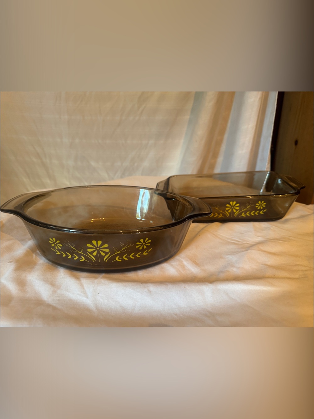 1970’s Yellow Daisies” Smoked Glass Casserole Dishes